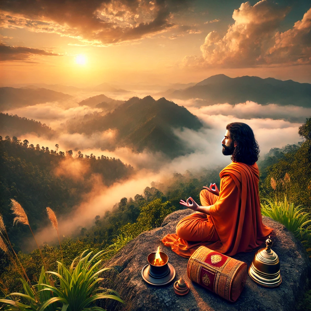 Dall·e 2024 11 29 05.26.57 A Serene Scene Of A Pujari (hindu Priest) Meditating In A Yoga Mudra On A Mountain Peak. The Pujari Is Dressed In Traditional Saffron Robes, Sitting C