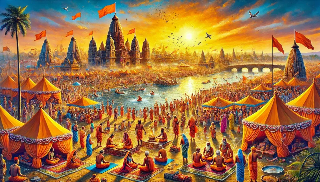 Dall·e 2024 12 01 07.07.00 A Vivid Depiction Of The Kumbh Mela In India, Showcasing A Massive Gathering Of Devotees On A Sacred Riverbank, Performing Ritual Baths And Prayers. T